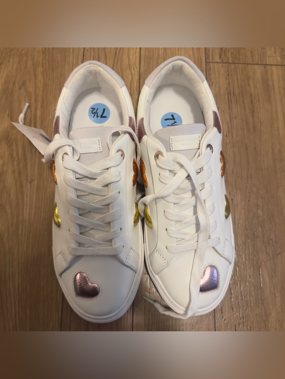 Kurt Geiger White Sneakers with Pink, Gold, and Yellow Heart Accents